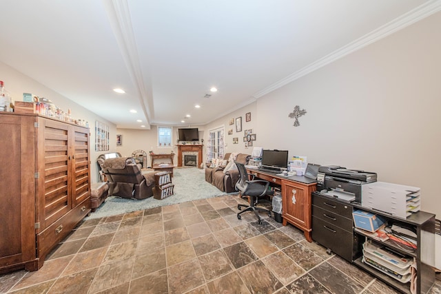 5050 Pleasant Lake Rd, Ann Arbor, MI 48103 - office with ornamental molding, recessed lighting, a glass covered fireplace, and dark stone finish flooring