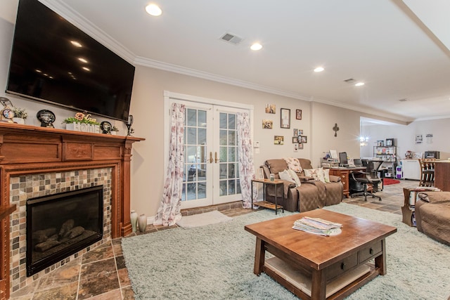 5050 Pleasant Lake Rd, Ann Arbor, MI 48103 - living room with ornamental molding, french doors, an office area, a fireplace, and recessed lighting