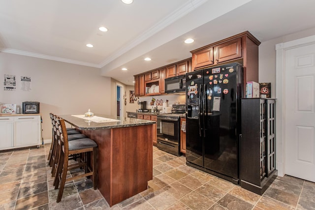 5050 Pleasant Lake Rd, Ann Arbor, MI 48103 - kitchen featuring black appliances, ornamental molding, a center island, stone tile floors, and recessed lighting