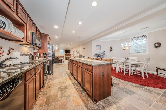 5050 Pleasant Lake Rd, Ann Arbor, MI 48103 - kitchen with black appliances, ornamental molding, dark stone counters, recessed lighting, and light stone finish flooring