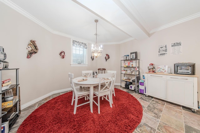 5050 Pleasant Lake Rd, Ann Arbor, MI 48103 - dining area featuring a chandelier, crown molding, and light stone finish floors
