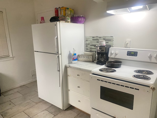 9619 Decatur St, Detroit, MI 48227 - kitchen featuring white cabinets, light countertops, white appliances, tasteful backsplash, and ventilation hood