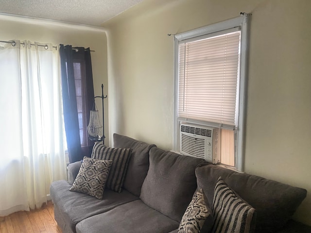 9619 Decatur St, Detroit, MI 48227 - living area featuring cooling unit, light wood-style flooring, and a textured ceiling
