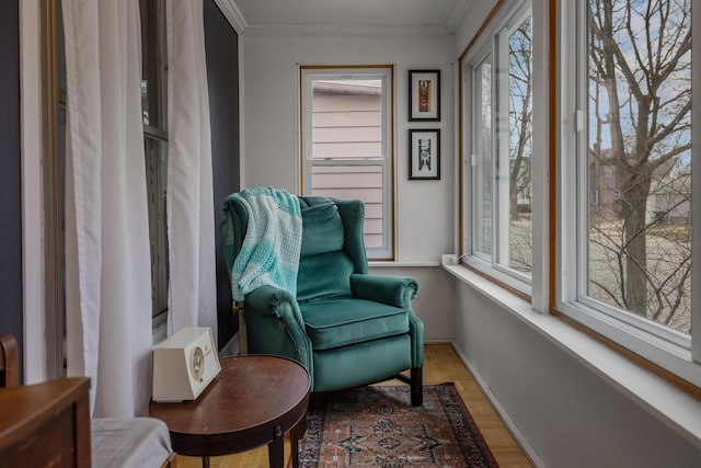 sitting room featuring baseboards and crown molding