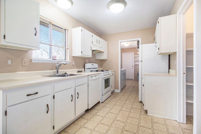 28531 Greening St, Farmington Hills, MI 48334 - kitchen featuring white appliances, light floors, white cabinets, light countertops, and a sink