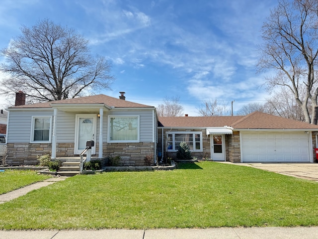24275 Valley Ave, Eastpointe, MI 48021 - view of front of home with a chimney, a garage, stone siding, and a front yard
