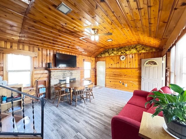 24275 Valley Ave, Eastpointe, MI 48021 - living area with vaulted ceiling, ceiling fan, wood walls, wood finished floors, and wooden ceiling