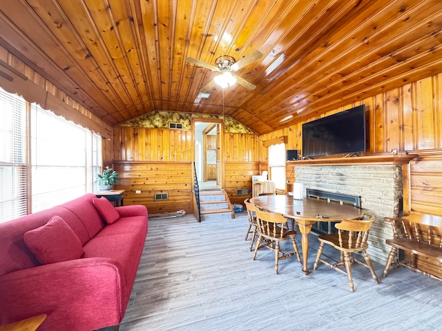 24275 Valley Ave, Eastpointe, MI 48021 - living area featuring healthy amount of natural light, lofted ceiling, wooden walls, wooden ceiling, and a ceiling fan