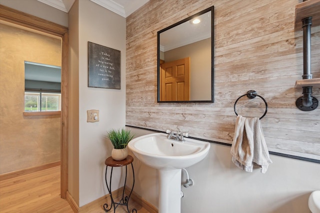 bathroom featuring crown molding, baseboards, and wood finished floors