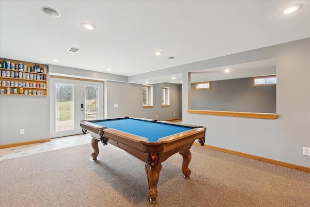 recreation room featuring recessed lighting, carpet flooring, french doors, baseboards, and billiards