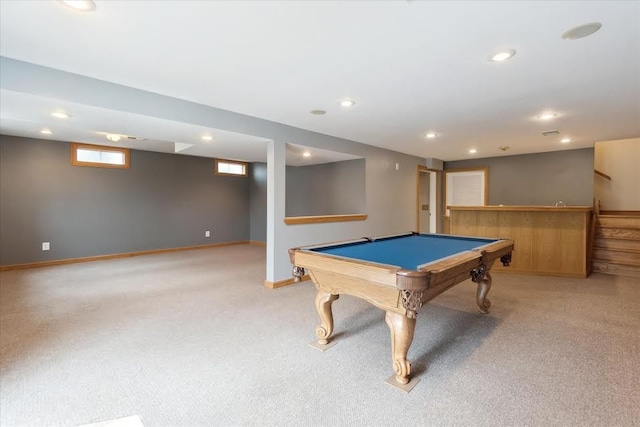 game room featuring light colored carpet, baseboards, billiards, and recessed lighting