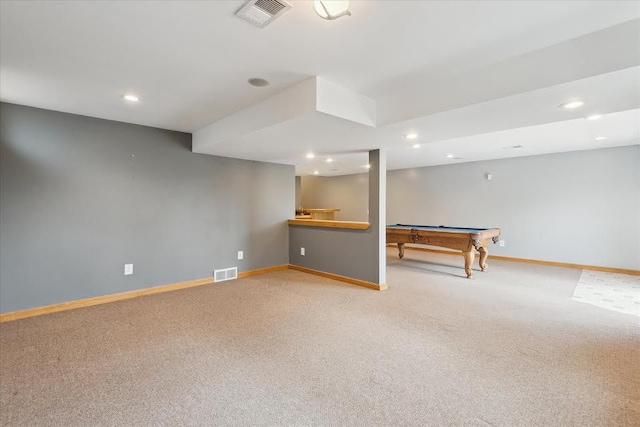game room featuring light colored carpet, baseboards, billiards, and visible vents