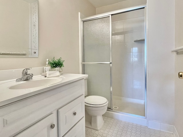 bathroom with a shower stall, toilet, and vanity
