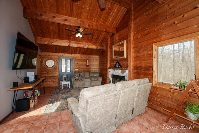 3770 Pine Ln, Saranac, MI 48881 - living room with wood ceiling, a ceiling fan, wooden walls, light tile patterned floors, and a fireplace