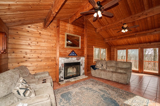 3770 Pine Ln, Saranac, MI 48881 - tiled living room featuring wood ceiling, wood walls, a ceiling fan, and a tile fireplace