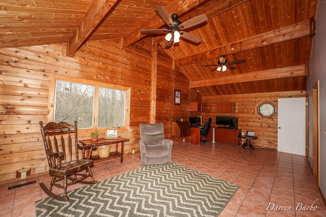 3770 Pine Ln, Saranac, MI 48881 - sitting room with wood walls, ceiling fan, a desk, wood ceiling, and tile patterned flooring