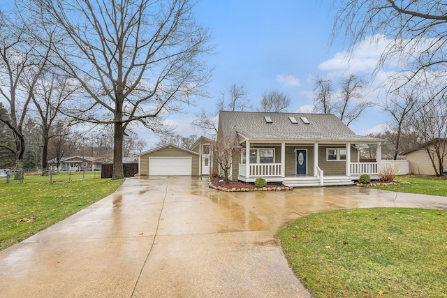 view of front of home featuring driveway, a front yard, covered porch, and a garage