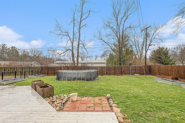 view of yard with a garden, a fenced backyard, and a fenced in pool