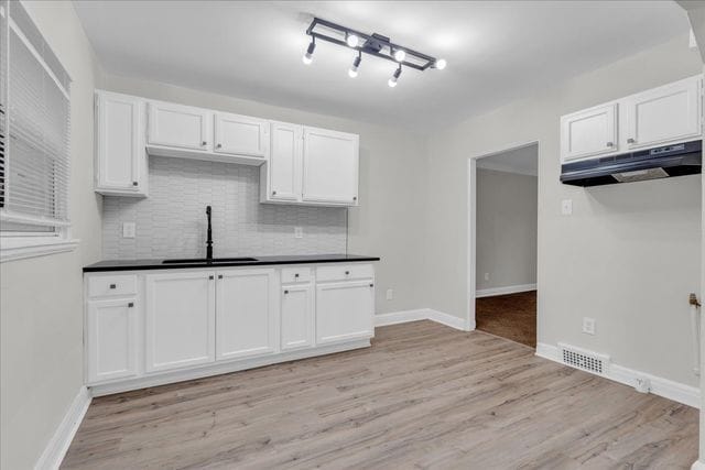 kitchen with backsplash, a sink, under cabinet range hood, dark countertops, and light wood-style floors