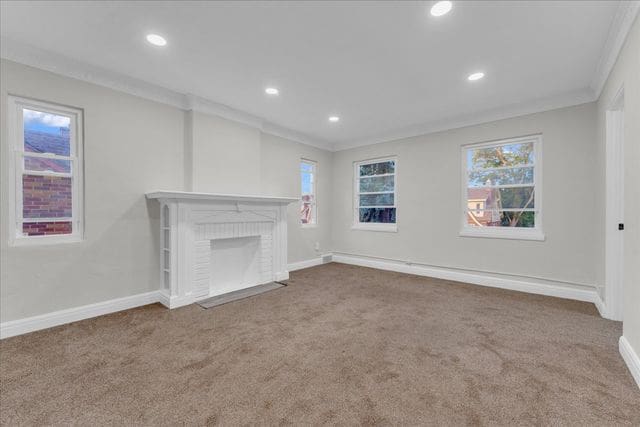 unfurnished living room featuring ornamental molding and carpet