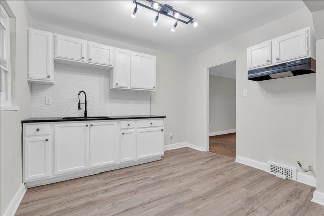 kitchen featuring backsplash, a sink, light wood-style flooring, under cabinet range hood, and dark countertops