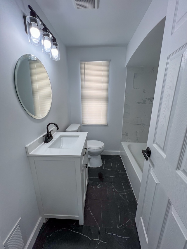 full bath featuring vanity, baseboards, toilet, visible vents, and marble finish floor