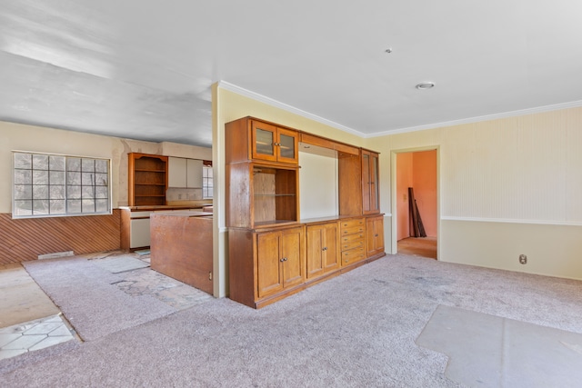 2975 Hadden Rd, Rochester, MI 48306 - kitchen featuring open floor plan, light colored carpet, ornamental molding, and dishwasher