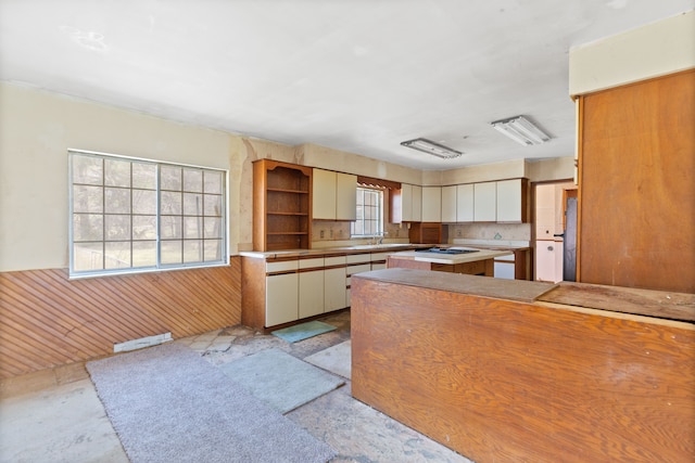 2975 Hadden Rd, Rochester, MI 48306 - kitchen with white cabinetry, open shelves, a wainscoted wall, a sink, and wooden walls