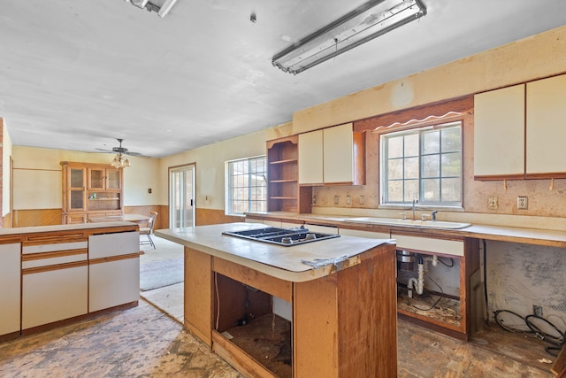 2975 Hadden Rd, Rochester, MI 48306 - kitchen with open shelves, a wainscoted wall, light countertops, a sink, and stovetop with downdraft