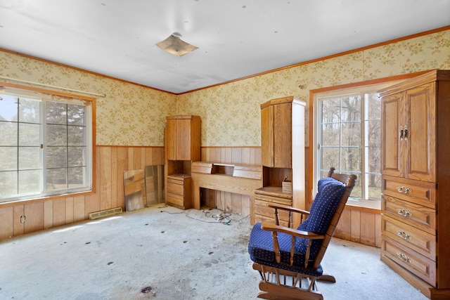 2975 Hadden Rd, Rochester, MI 48306 - living area featuring a wainscoted wall, plenty of natural light, light colored carpet, and wallpapered walls