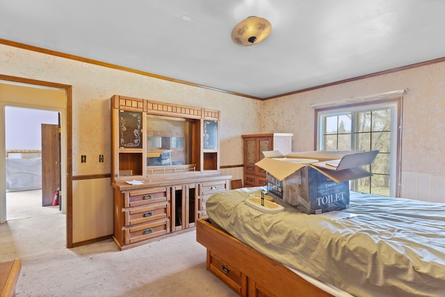 2975 Hadden Rd, Rochester, MI 48306 - bedroom featuring light carpet, wainscoting, wallpapered walls, and ornamental molding