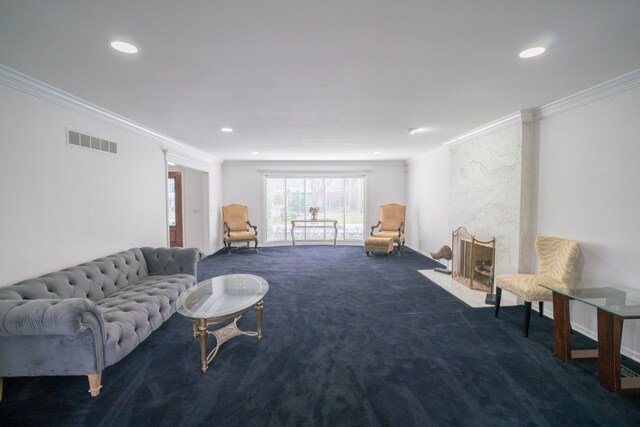 45778 Fermanagh Dr, Northville, MI 48168 - living area with ornamental molding, recessed lighting, visible vents, and carpet floors
