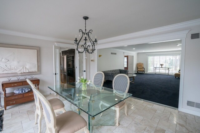 45778 Fermanagh Dr, Northville, MI 48168 - dining room with a chandelier, crown molding, stone tile flooring, and baseboards
