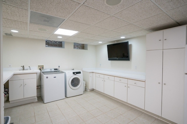 45778 Fermanagh Dr, Northville, MI 48168 - washroom featuring visible vents, light tile patterned flooring, recessed lighting, cabinet space, and separate washer and dryer