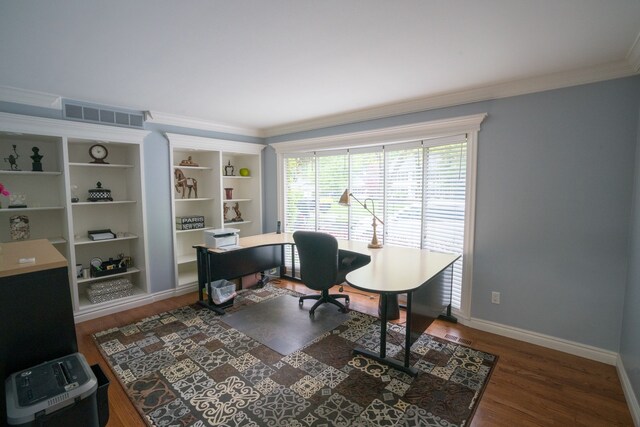 45778 Fermanagh Dr, Northville, MI 48168 - office area with wood finished floors, visible vents, ornamental molding, and baseboards