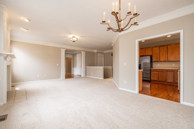 49128 Rainbow Ln S, Northville, MI 48168 - unfurnished living room with a chandelier, carpet flooring, baseboards, and ornamental molding