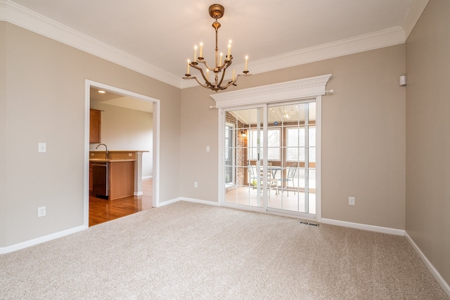 49128 Rainbow Ln S, Northville, MI 48168 - unfurnished room with ornamental molding, visible vents, carpet floors, a notable chandelier, and baseboards