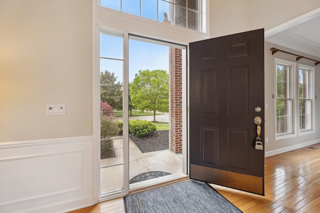 45055 Walnut Rdg, Northville, MI 48168 - foyer entrance with light wood-style floors, plenty of natural light, and a wainscoted wall