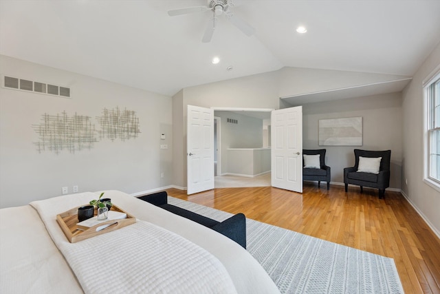 45055 Walnut Rdg, Northville, MI 48168 - bedroom with light wood finished floors, lofted ceiling, a ceiling fan, baseboards, and recessed lighting