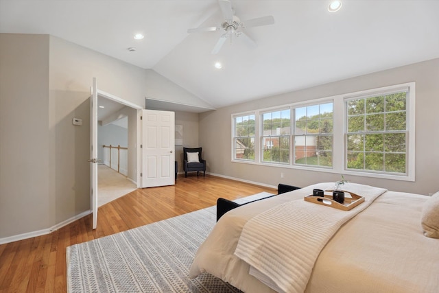 45055 Walnut Rdg, Northville, MI 48168 - bedroom with light wood-type flooring, recessed lighting, baseboards, lofted ceiling, and a ceiling fan