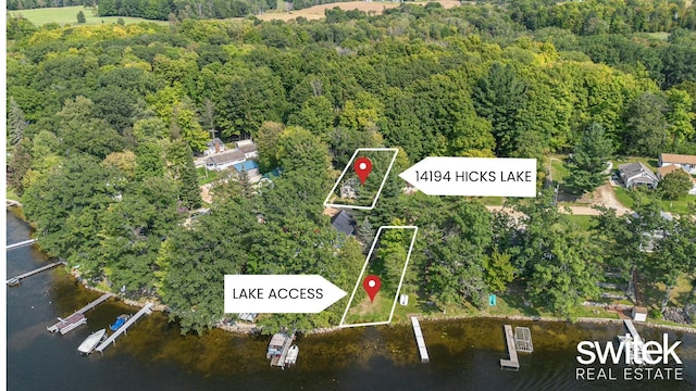 bird's eye view with a forest view and a water view