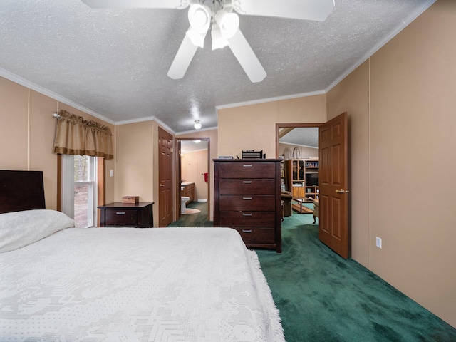 bedroom featuring a ceiling fan, carpet, a textured ceiling, crown molding, and connected bathroom