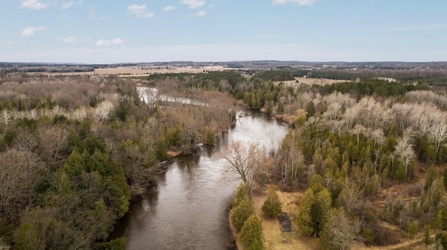 drone / aerial view with a water view and a forest view