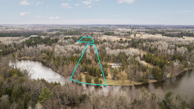 birds eye view of property featuring a forest view and a water view