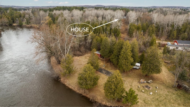 bird's eye view with a forest view and a water view