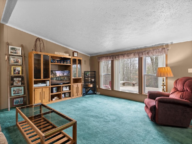 carpeted living room featuring crown molding, a textured ceiling, and lofted ceiling