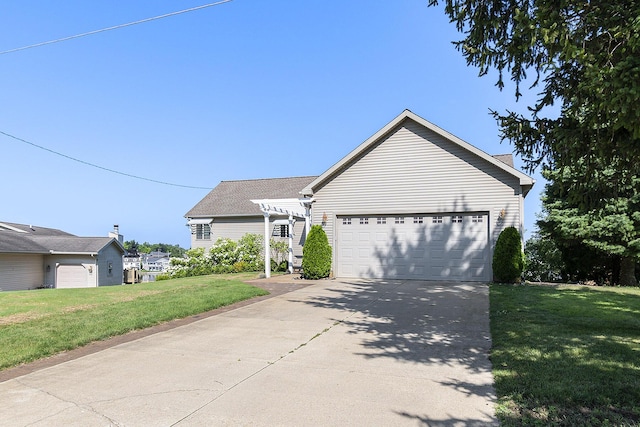 single story home featuring a front lawn, concrete driveway, and a pergola