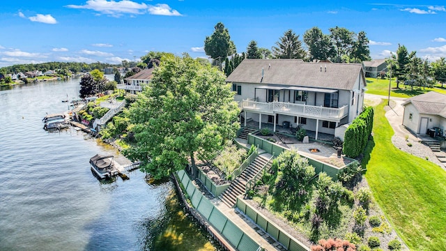 aerial view featuring a water view