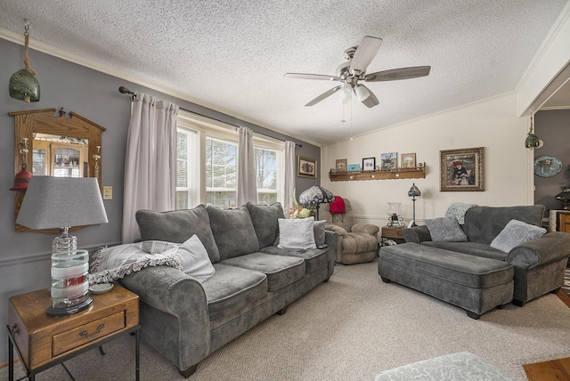 living room featuring a textured ceiling, carpet, crown molding, ceiling fan, and lofted ceiling