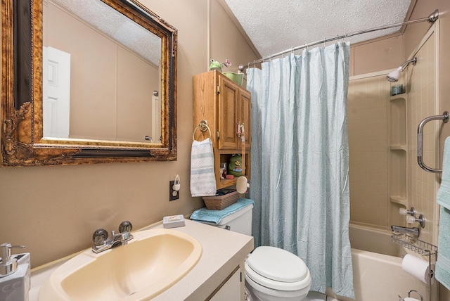 full bath with toilet, shower / tub combo with curtain, vanity, and a textured ceiling